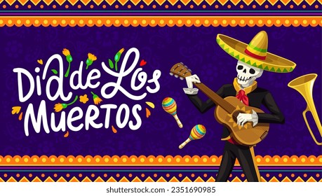 Dia de los muertos banner with mexican mariachi musician skeleton character. Vector greeting card with dead artist wear traditional latino costume, sombrero hat and neck bandana playing guitarron