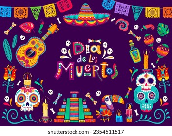 Dia de los Muertos banner. Day of the Dead calavera skulls, candles and papel picado flags. Mexican culture festival poster, vector backdrop with inca pyramid, ornate sugar skull, guitar and sombrero