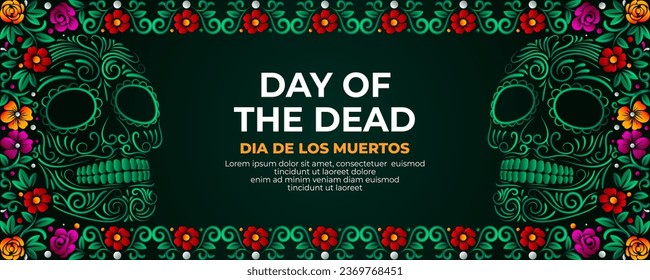 Dia De Los Muertos banner with Green Sugar skull and Colorful Mexican flowers border