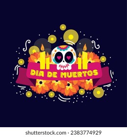 Dia de los muertos banner with flowers and a skull Vector