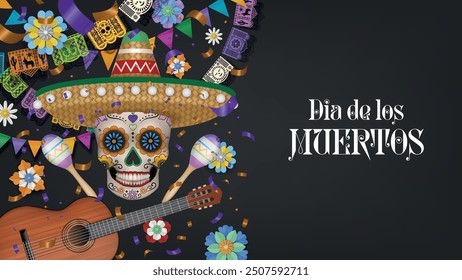 dia de los muertos Banner mit Totenkopf und Sombrero. Tag der toten Hintergrund mit Konfetti, Blumen und Papel Picado