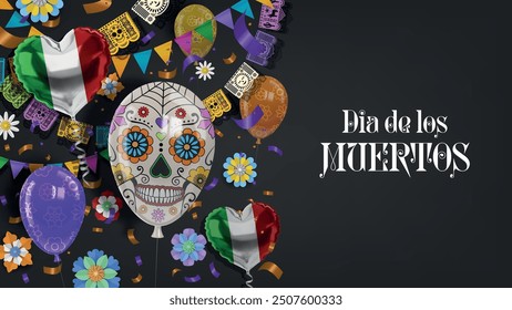 dia de los muertos Banner mit Heliumballons und Papel Picado