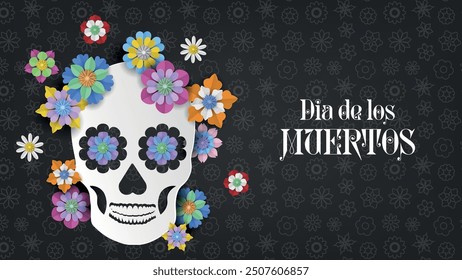 dia de los muertos banner with paper flowers and skull. day of dead background