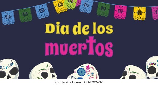 Banner Dia de los Muertos com texto vibrante, crânios pintados e papel festivo picado em um fundo roxo azul