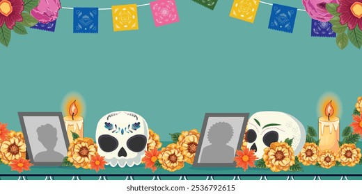 Dia de los Muertos banner with a table of photos, skulls, marigolds, and candles in festive colors