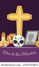 Banner Dia de los Muertos com altar tradicional, marigolds, cruz, vela, pão de açúcar e quadro de homenagem