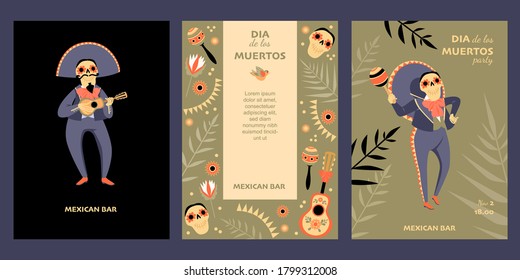 Dia de los muertos banners with funny skeletons in mariacci costumes and flowers. Cartoon illustrations in flat style