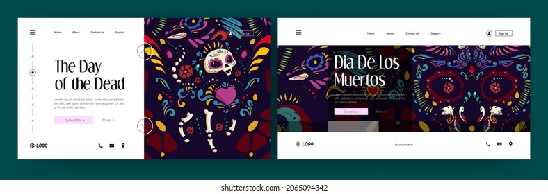 Carteles del Día de los Muertos con lujosa impresión de cráneo con flores, corazones, esqueletos de gatos y aves. Páginas de aterrizaje de vectores del Día de los Muertos en México con dibujos tradicionales mexicanos