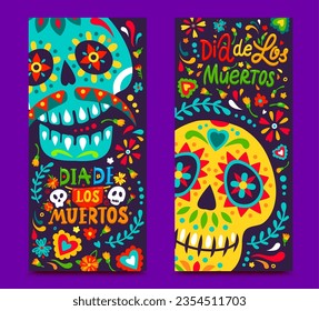 Dia de los Muertos banners with tropical flowers and calavera skulls. Dia de Los Muertos holiday carnival banner vector backdrop with ornate colorful sugar skull, marigold tropical flower pattern