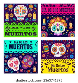 Dia de Los Muertos banners with Mexican papel picado or paper cut flags, vector holiday background. Day of Dead or Dia de Los Muertos holiday banners with Mexican calavera skull and floral ornament