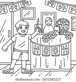 Dia de los Muertos Boy Lighting Candles on Ofrenda