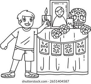 Dia de los Muertos Boy Lighting Candles on Ofrenda