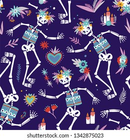 Dia de los Muertos bright colored seamless pattern with skeletons dancing and celebrating traditional Mexican holiday. Vector illustration in flat cartoon style for textile print, wrapping paper.
