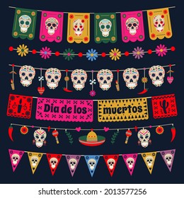 Dia de los muertos bunting flags. Mexican dead day bunting decoration, sugar skulls and flowers bunting vector illustration set. Dead day holiday garlands. Ritual accessories, maracas and hat