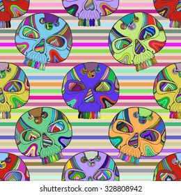 Dia De Los Muertos calavera, vector Mexican day of the dead skull seamless pattern, happy colorful abstract skull background