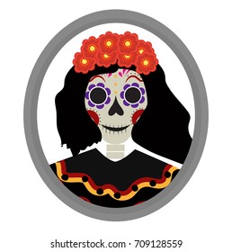 Dia de los muertos Calavera Katrina icon. Day of the dead with a dead girl. Isolated on white background. Vector illustration