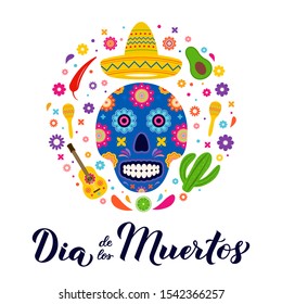 Dia de los Muertos calligraphy hand lettering with sugar skull, maracas, guitar,and flowers. Latin America holiday Day of the Dead banner. Vector template for greeting card, banner, poster, invitation