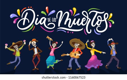 Dia de los Muertos card for Dau of the Dead. Greeting vector illustration with dancing skeletons and lettering.