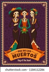 Dia de los Muertos card. Vector illustration of Mexican cartoon Catrinas in different costumes and dresses. Isolated on dark violet background.