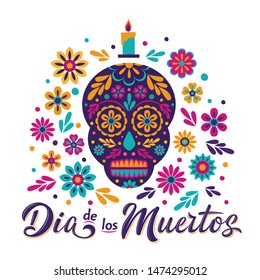 Dia de Los Muertos card with decorated skull, flowers and lettering sign. Mexican Day of the Dead inscription isolated on white. Vector illustration for greeting cards, poster, party flyer, invitation