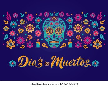 Dia de Los Muertos card with decorated skull, flowers and lettering sign. Mexican Day of the Dead inscription on dark background Vector illustration for greeting cards, poster, flyer, party invitation