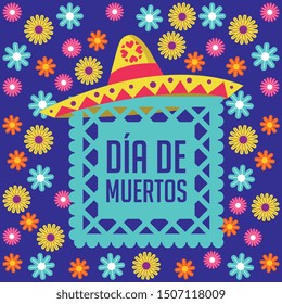 dia de los muertos card with hat and flowers. vector illustration