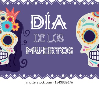 dia de los muertos card with catrina and skull heads vector illustration design