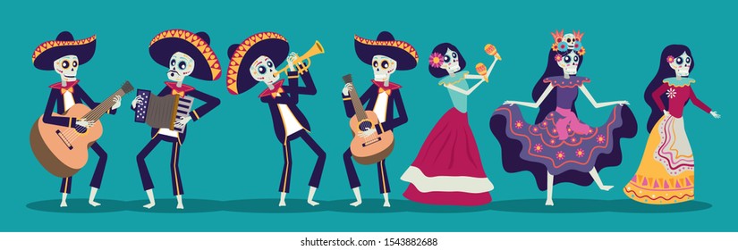 dia de los muertos card with mariachis and catrinas skuls vector illustration design