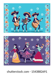 dia de los muertos card with mariachis and catrinas skuls vector illustration design