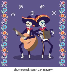 dia de los muertos card with mariachis playing guitar and accordion vector design