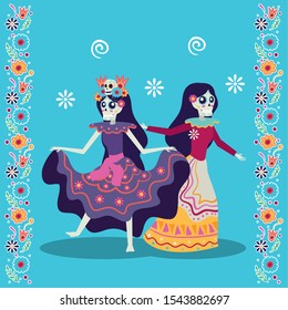 dia de los muertos card with catrinas dancing characters vector illustration design