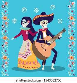 dia de los muertos card with mariachi playing guitar and catrina vector illustration