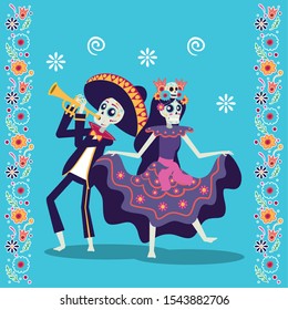 dia de los muertos card with mariachi playing trumpet and catrina vector illustration