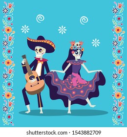 dia de los muertos card with mariachi playing guitar and catrina vector illustration