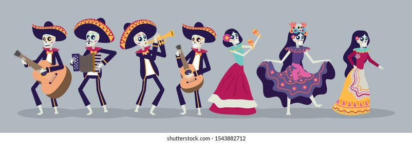 dia de los muertos card with mariachis and catrinas skuls vector illustration design