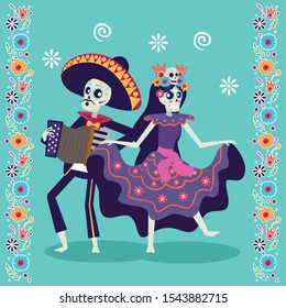 dia de los muertos card with mariachi playing accordion and catrina vector illustration