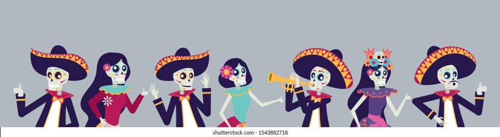 dia de los muertos card with mariachis and catrinas skuls vector illustration design