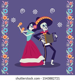 dia de los muertos card with mariachi playing accordion and catrina vector illustration