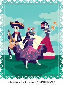 dia de los muertos card with mariachi and catrinas skulls vector illustration design