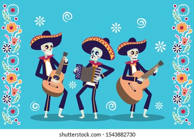 dia de los muertos card with mariachis skulls playing instruments vector illustration