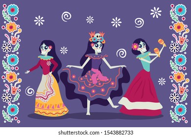 dia de los muertos card with catrinas skulls characters vector illustration design