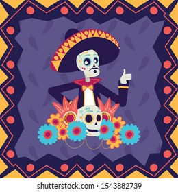 dia de los muertos card with mariachi skull vector illustration design