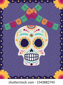 dia de los muertos card with head skull and garlands vector illustration design
