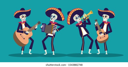 dia de los muertos card with mariachis skulls playing instruments vector illustration