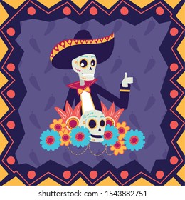 dia de los muertos card with mariachi skull vector illustration design