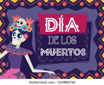 dia de los muertos card with catrina character vector illustration design