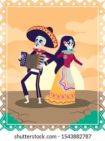 dia de los muertos card with mariachi playing accordion and catrina vector illustration