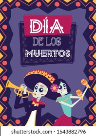 dia de los muertos card with mariachi playing trumpet and catrina vector illustration