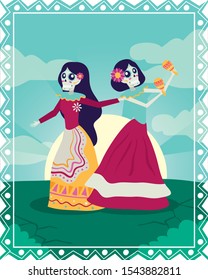 dia de los muertos card with catrinas playing maracas characters vector illustration