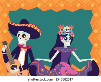 dia de los muertos card with mariachi playing guitar and catrina vector illustration